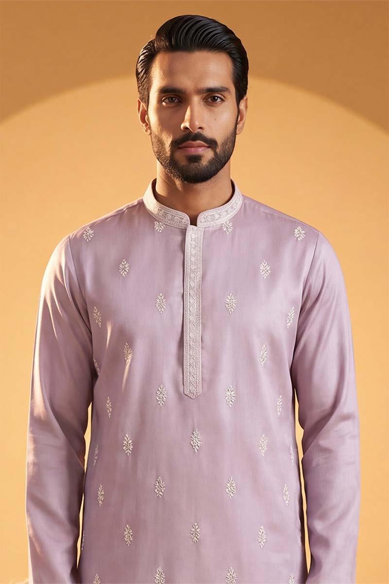 Lavender Silk Blend Solid Embroidered Kurta MKU2269