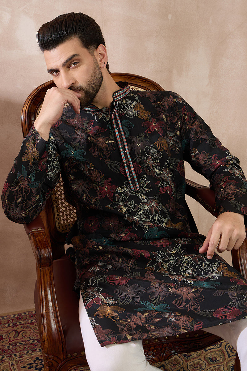 Black Silk Blend Printed Mandarin Collar Straight Kurta MKU1956