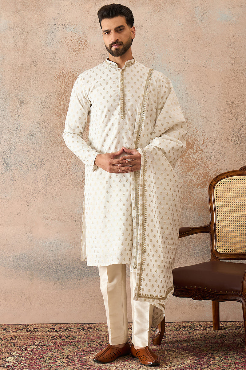 White Jacquard Woven Design Floral Straight Kurta with Dupatta MKUD1049