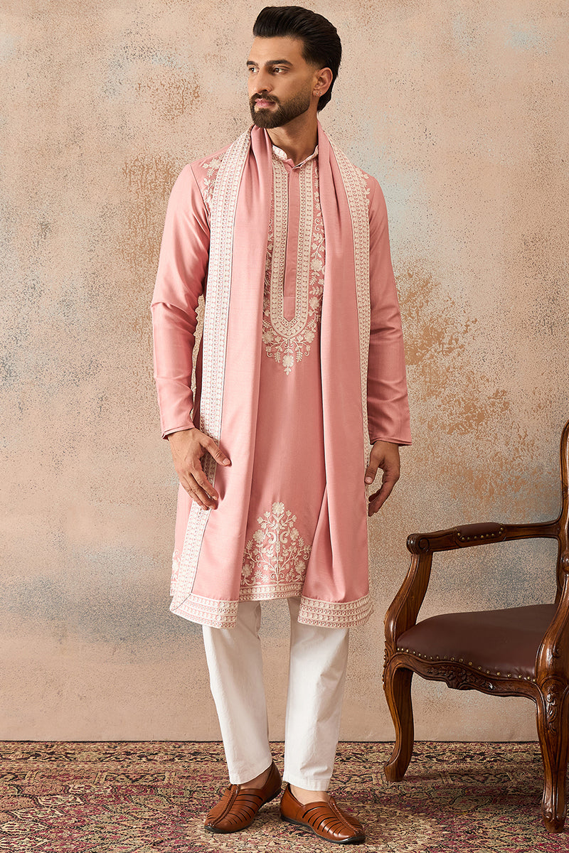 Peach Silk Blend Solid Embroidered Kurta Trouser With Dupatta MKPD1041
