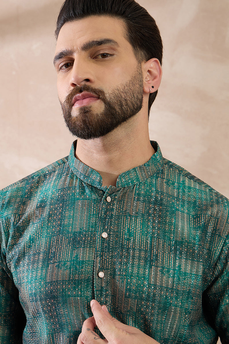Green Silk Blend Printed Indian Wear for Men | DesiQlo India