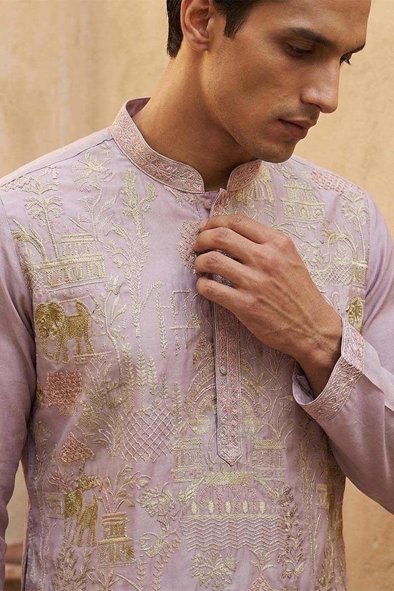 Lavender Silk Blend Embroidered Straight Kurta With Trousers MKSET2106
