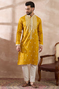 Yellow Silk Blend Embroidered Mandarin Collar Straight Kurta With Trouser MKSET1786