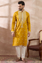 Yellow Silk Blend Embroidered Mandarin Collar Straight Kurta With Trouser MKSET1786