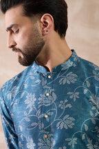 Blue Silk Blend Printed Mandarin Collar Straight Kurta MKU1998