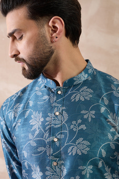 Blue Silk Blend Printed Mandarin Collar Straight Kurta MKU1998