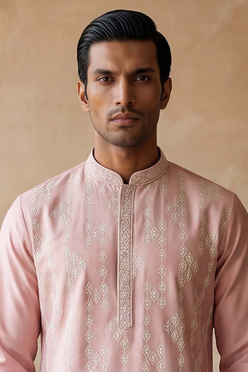 Pink Silk Blend Solid Embroidered Kurta With Trousers MKSET2088