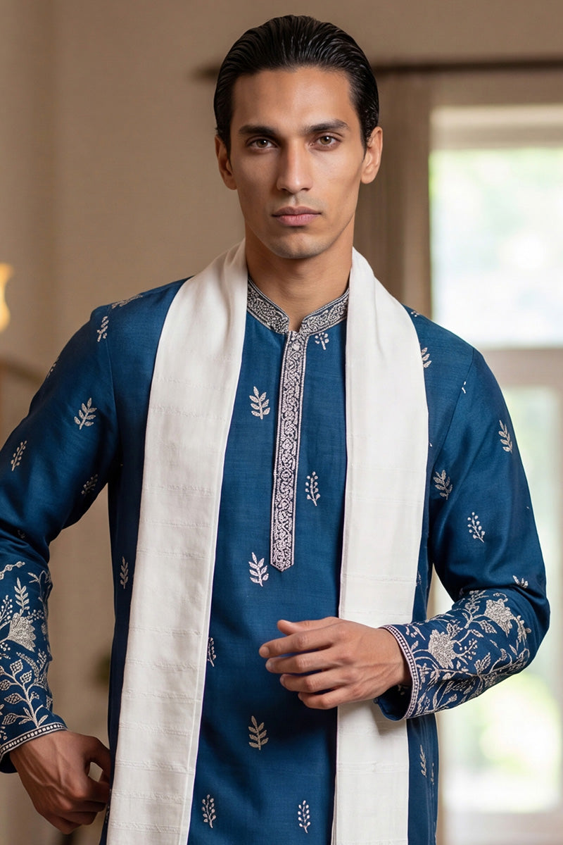 Blue Chanderi Silk Solid Embroidered Straight Kurta Trouser with Dupatta MKPD1315