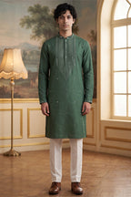 Green Silk Blend Solid Emboidered Sequins Kurta MKU2279