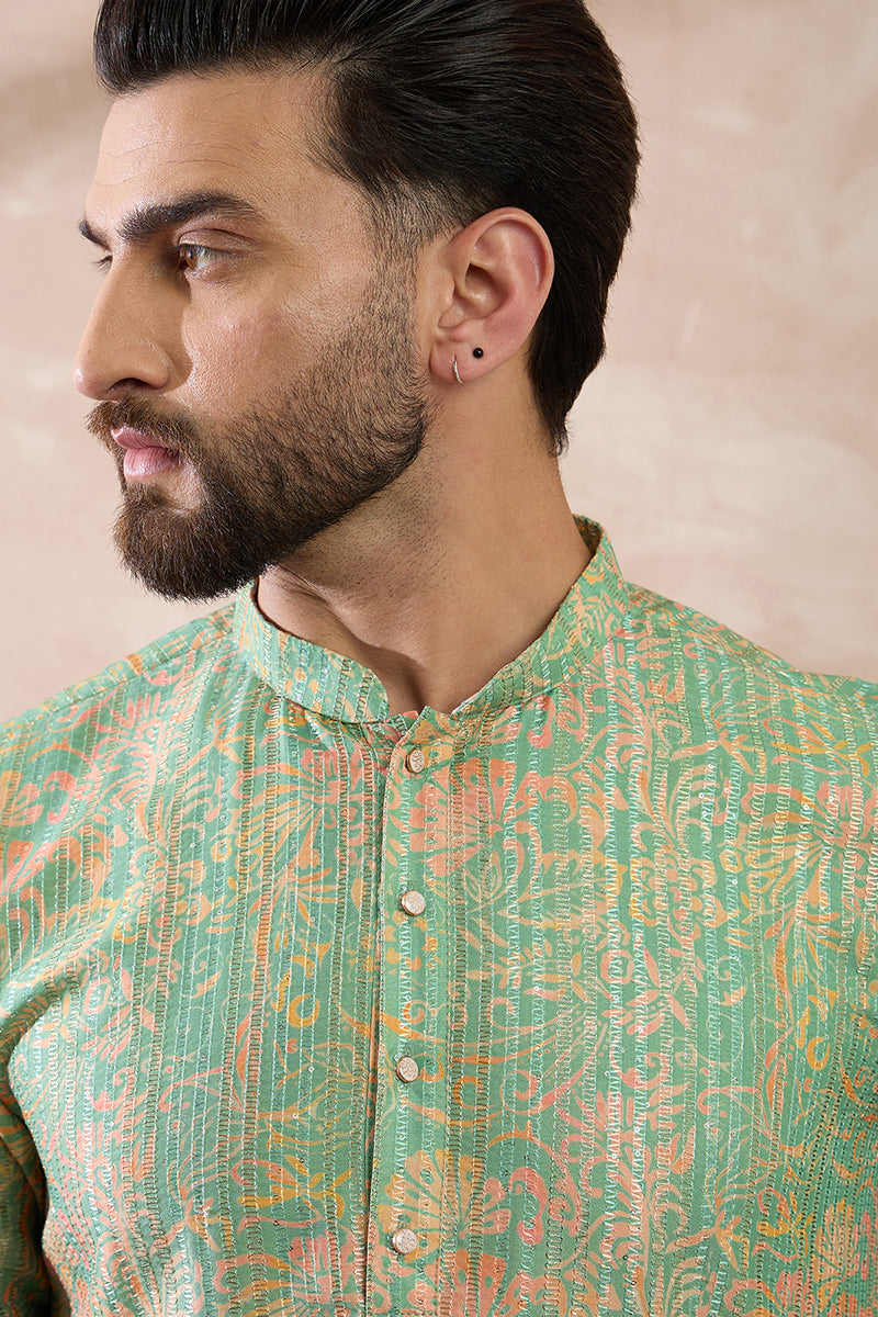 Green Silk Blend Printed Mandarin Collar Straight Kurta MKU2113