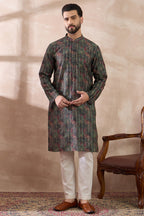 Black Silk Blend Printed Mandarin Collar Straight Kurta MKU2097