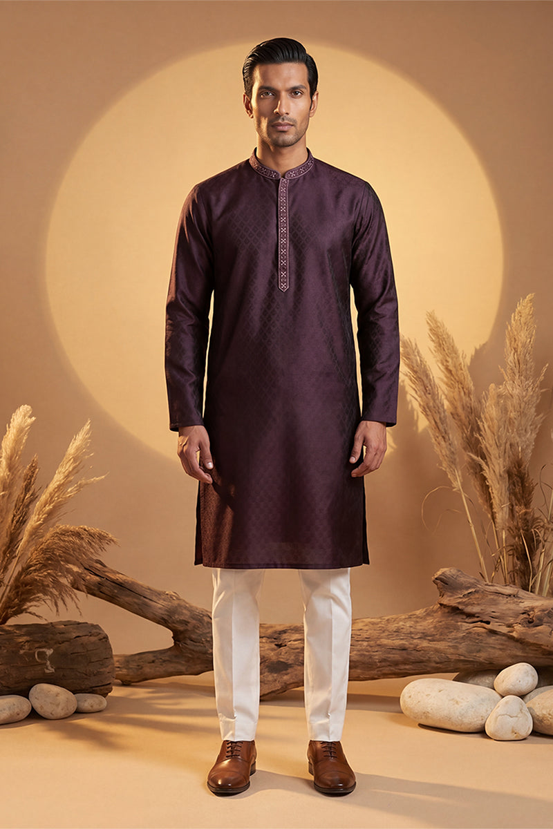 Purple Silk Blend Woven Design Straight Kurta With Trouser MKSET1835