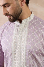Lavender Silk Blend Embroidered Mandarin Collar Straight Kurta With Trouser MKSET1690