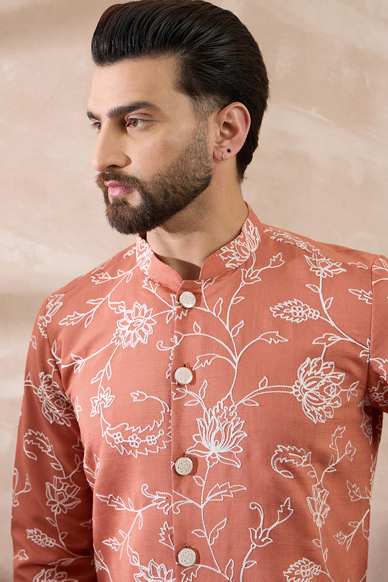 Peach Viscose Rayon Embroidered Mandarin Collar Straight Kurta With Trouser MKSET1989