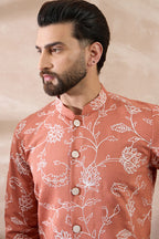 Peach Viscose Rayon Embroidered Mandarin Collar Straight Kurta With Trouser MKSET1989