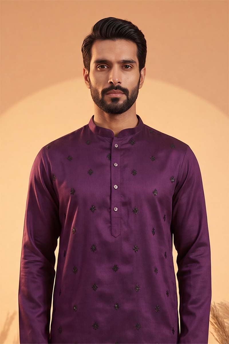 Violet Silk Blend Solid Embroidered Kurta With Trousers MKSET2104