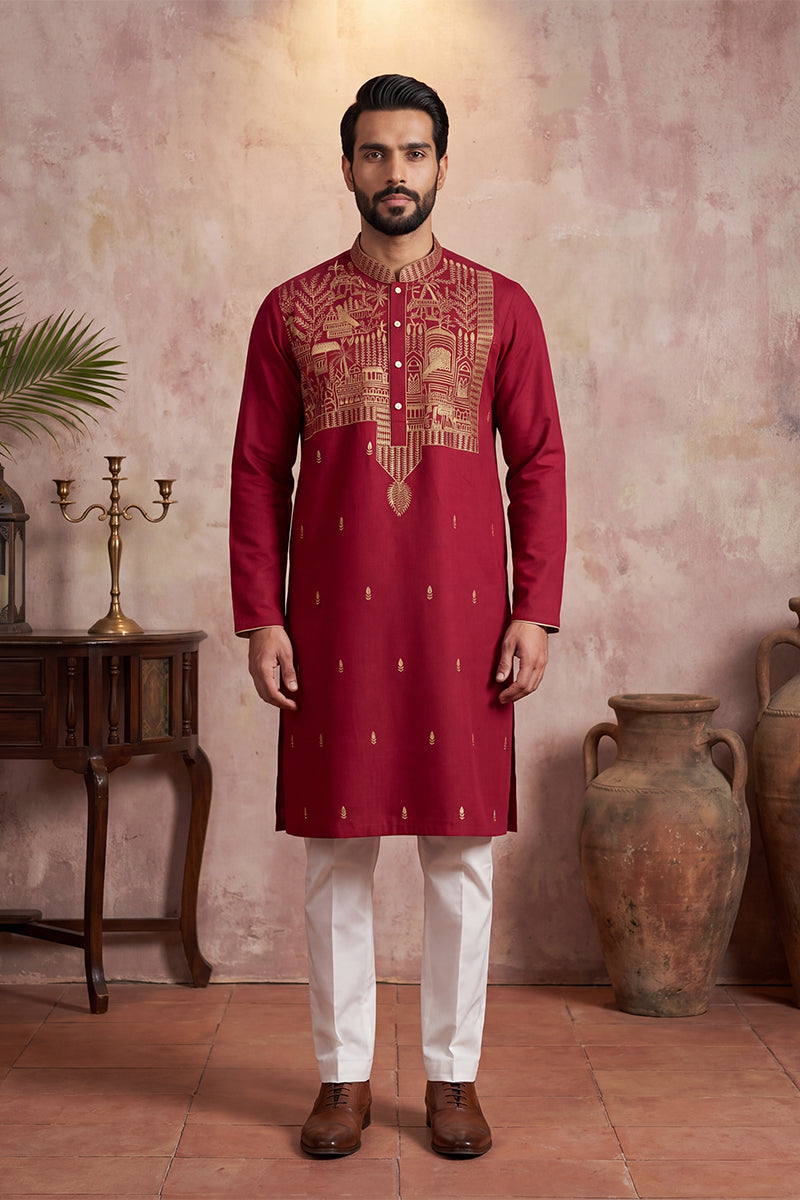 Red Silk Blend Solid Emboidered Straight Kurta MKU2375