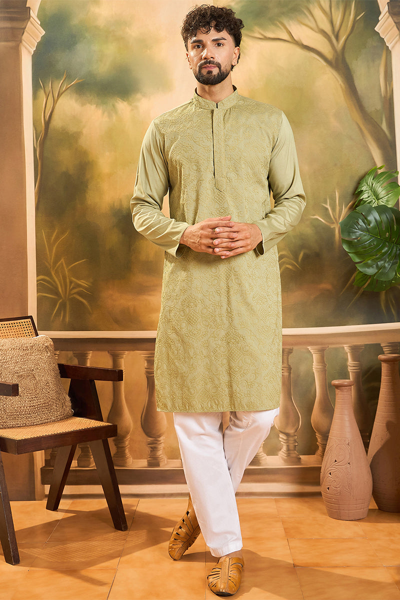 Green Silk Blend Solid Embroidered Straight Kurta MKU1497