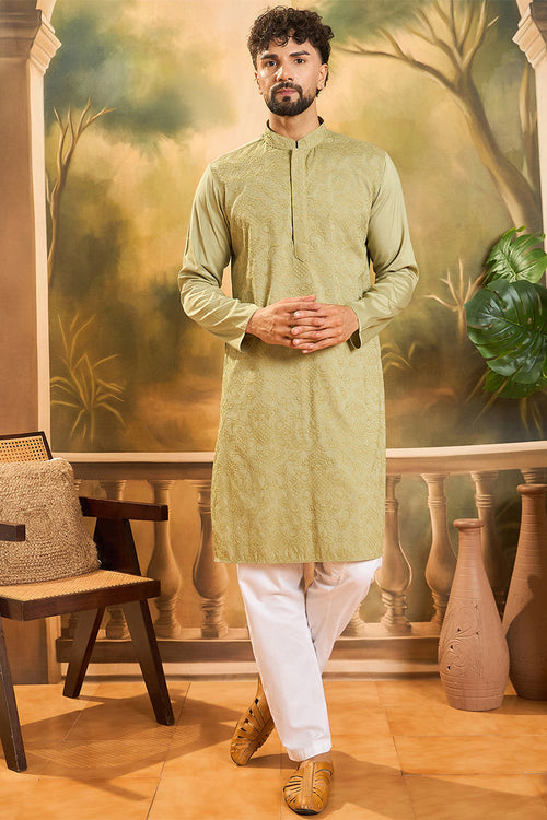 Green Silk Blend Solid Embroidered Straight Kurta MKU1497