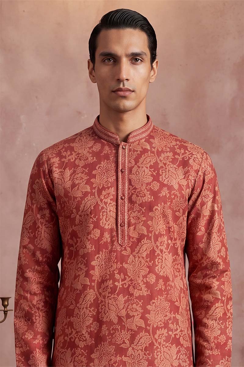 Red Silk Blend Floral Printed Kurta MKU1979