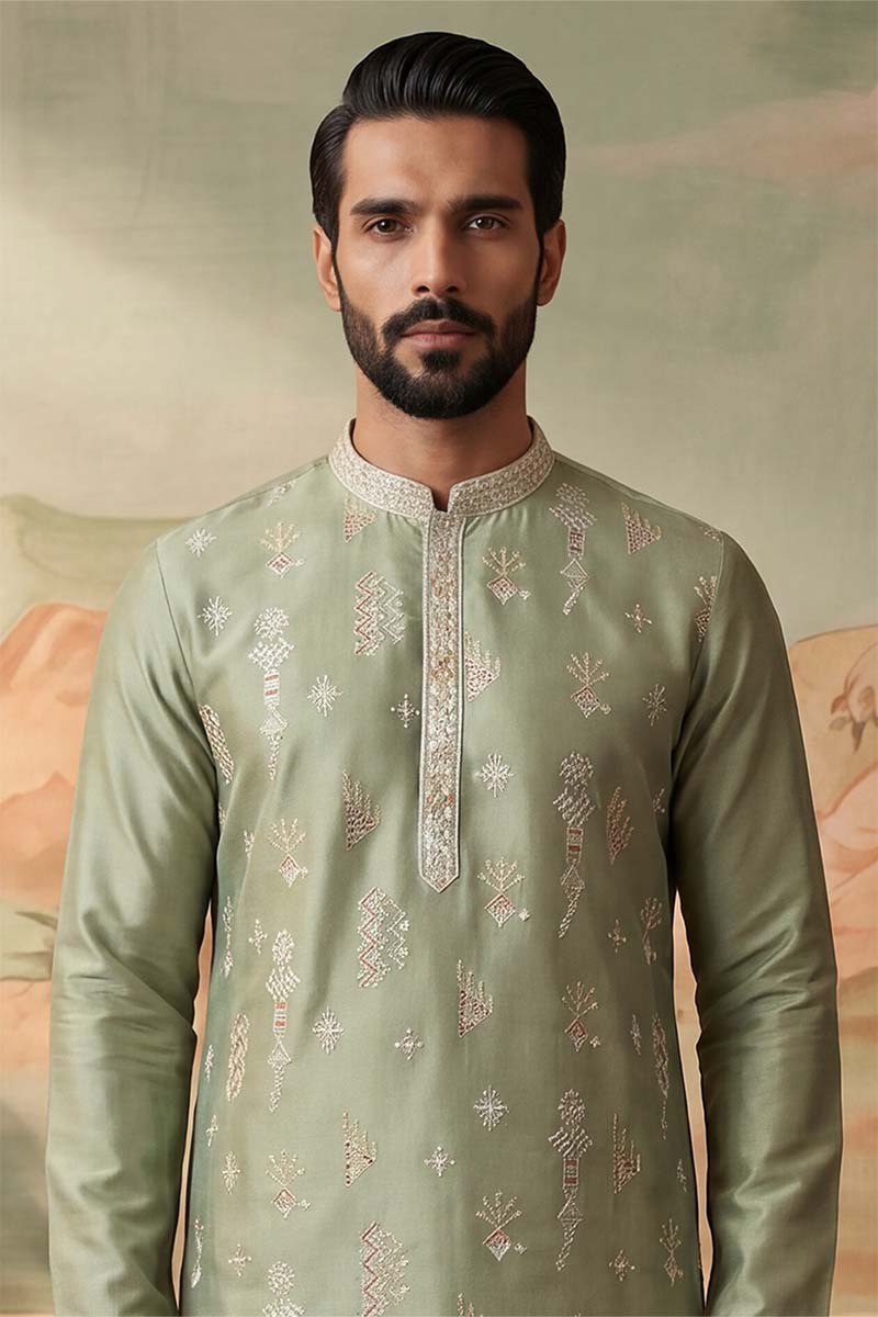 Green Silk Blend Solid Embroidered Kurta With Trousers MKSET2153