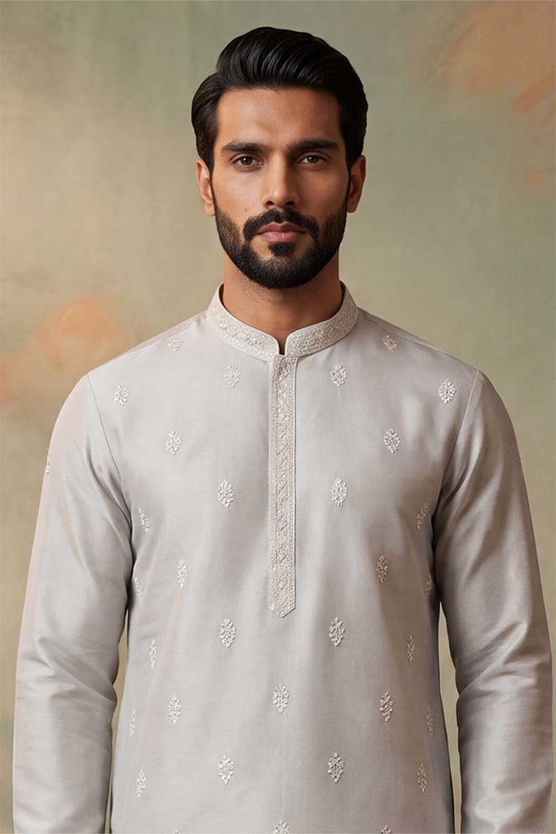 Silk Blend Silver Solid Embroidered Calf Length Straight Kurta MKU2273