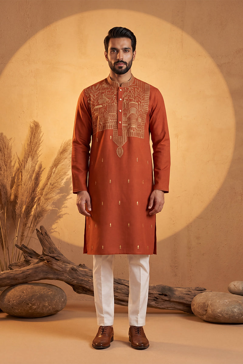 Orange Silk Blend Solid Emboidered Straight Kurta MKU2372