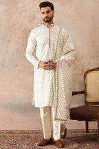 White Jacquard Woven Design Floral Straight Kurta Sets MKPD1049