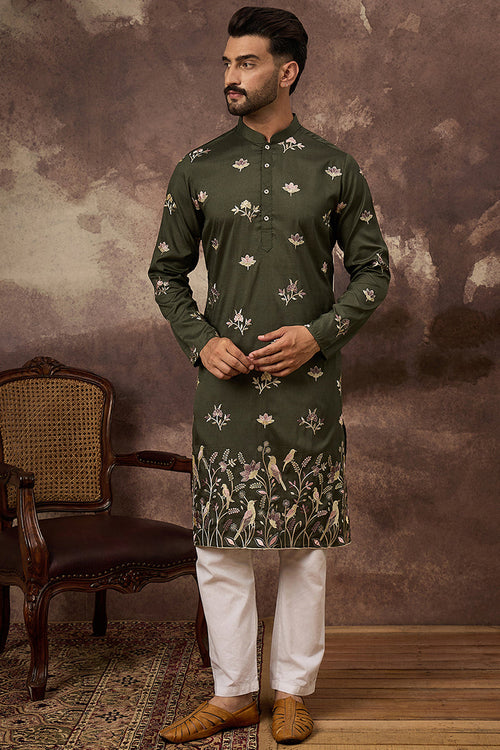 Green Silk Blend Solid Embroidered Straight Kurta MKU1338