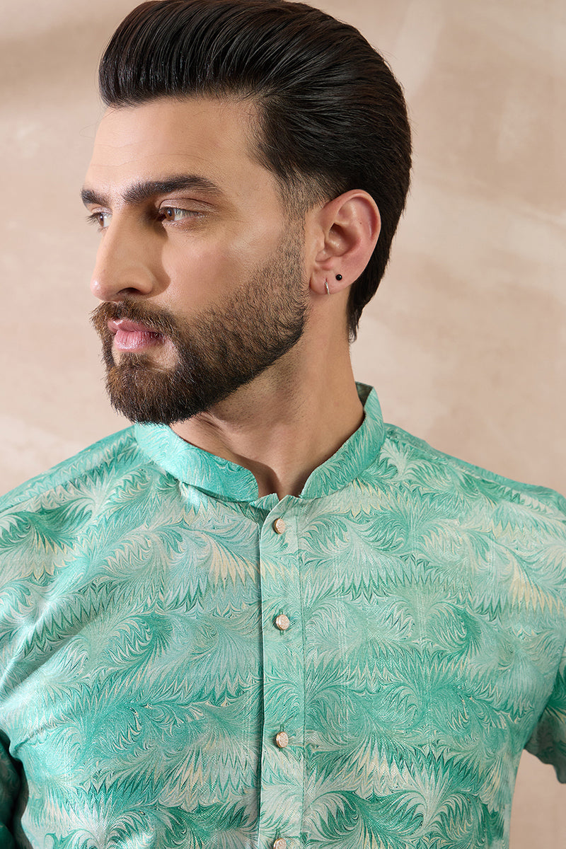 Green Silk Blend Printed Mandarin Collar Straight Kurta With Trouser MKSET2022