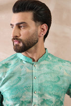 Green Silk Blend Printed Mandarin Collar Straight Kurta With Trouser MKSET2022