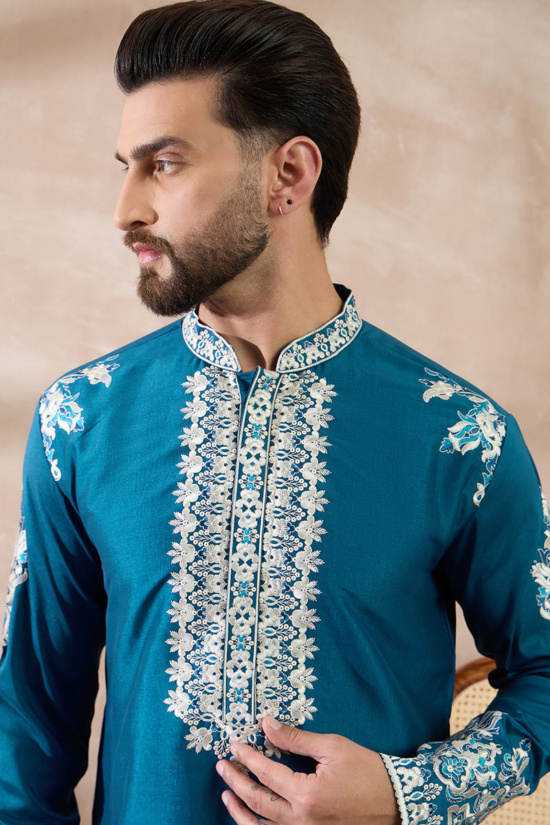 Blue Silk Blend Embroidered Mandarin Collar Straight Kurta MKU2017