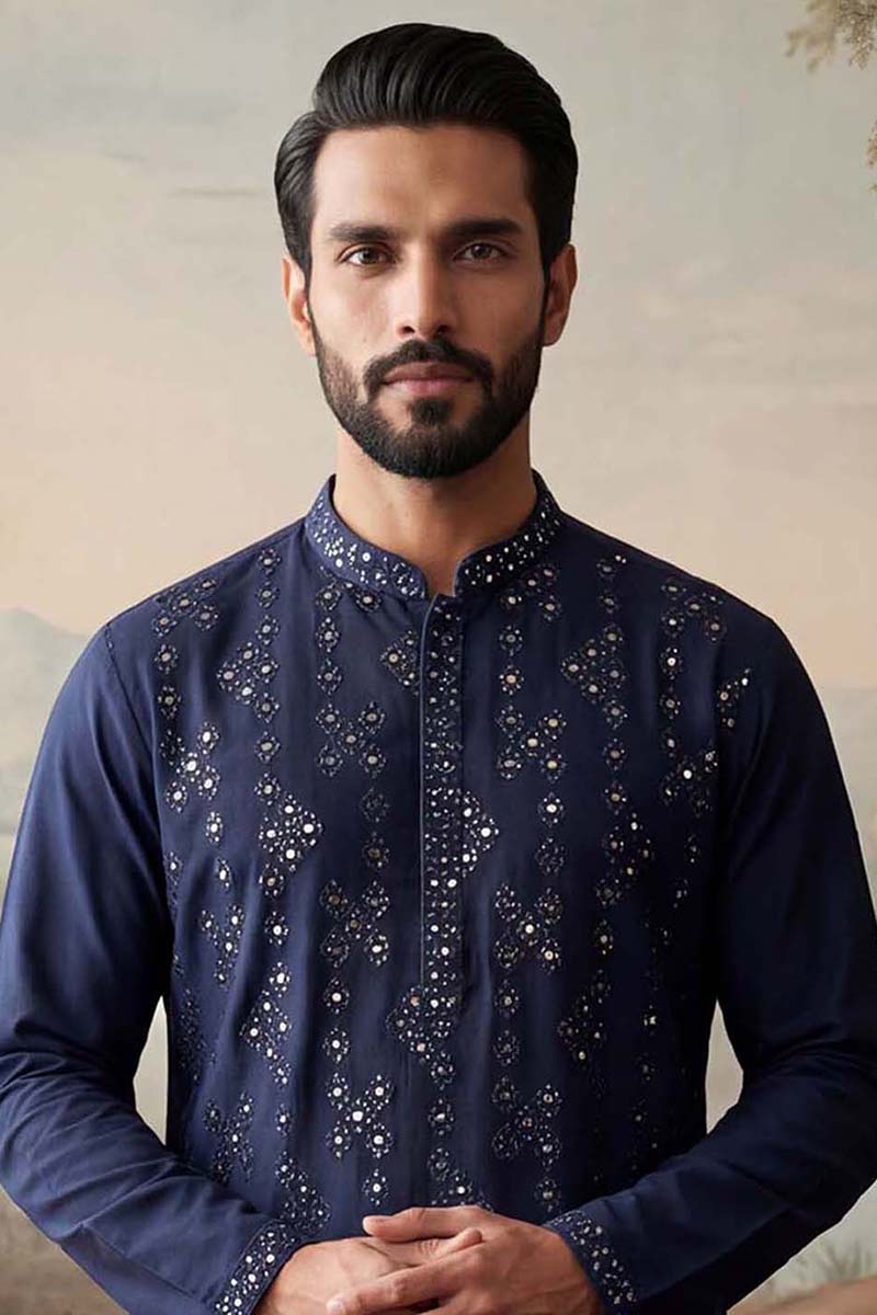 Blue Silk Blend Solid Embroidered Kurta With Trousers MKSET2075