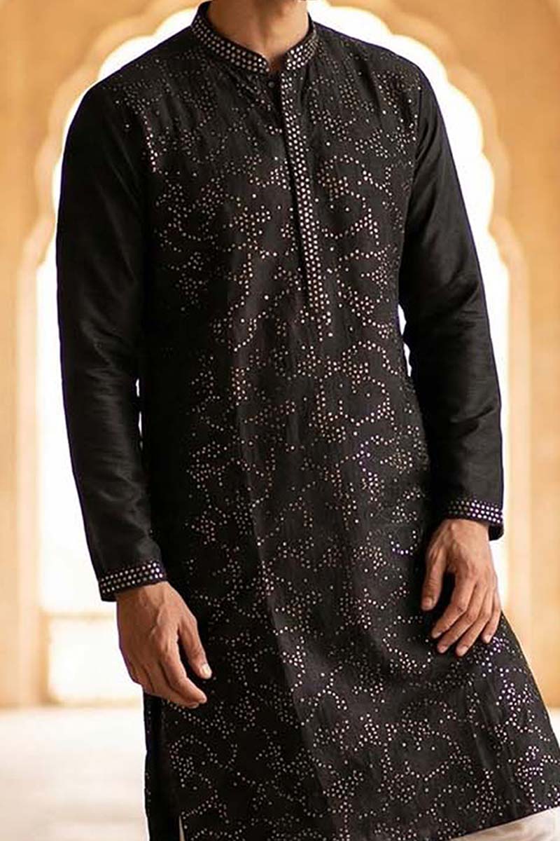 Silk Blend Black Solid Embroidered Calf Length Straight Kurta With Trousers MKSET2128
