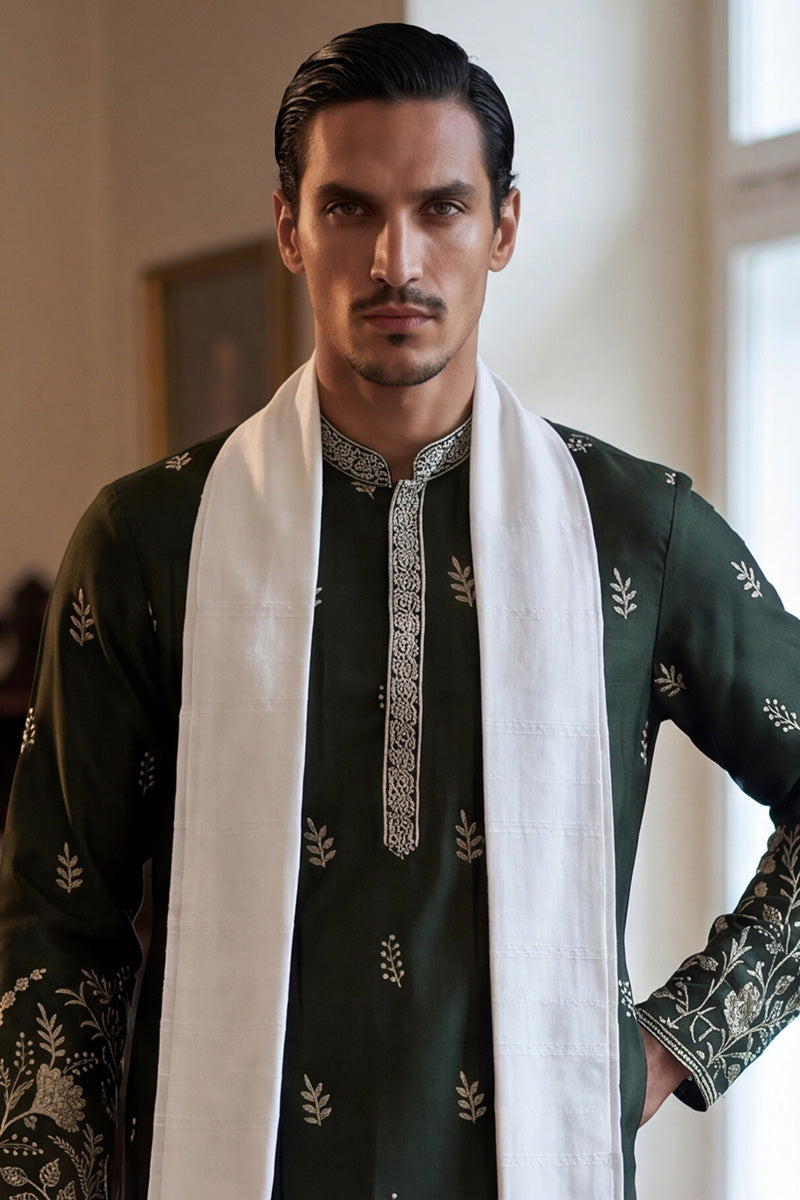 Olive Chanderi Silk Solid Embroidered Straight Kurta with Dupatta MKUD1319
