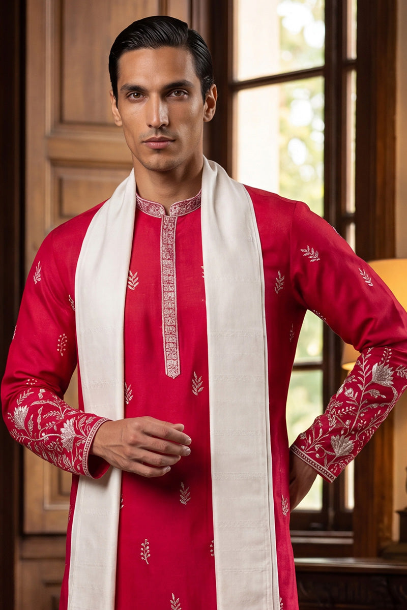 Pink Silk Blend Solid Embroidered Straight Kurta with Dupatta MKUD1943