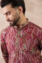 Red Silk Blend Printed Mandarin Collar Straight Kurta MKU1959