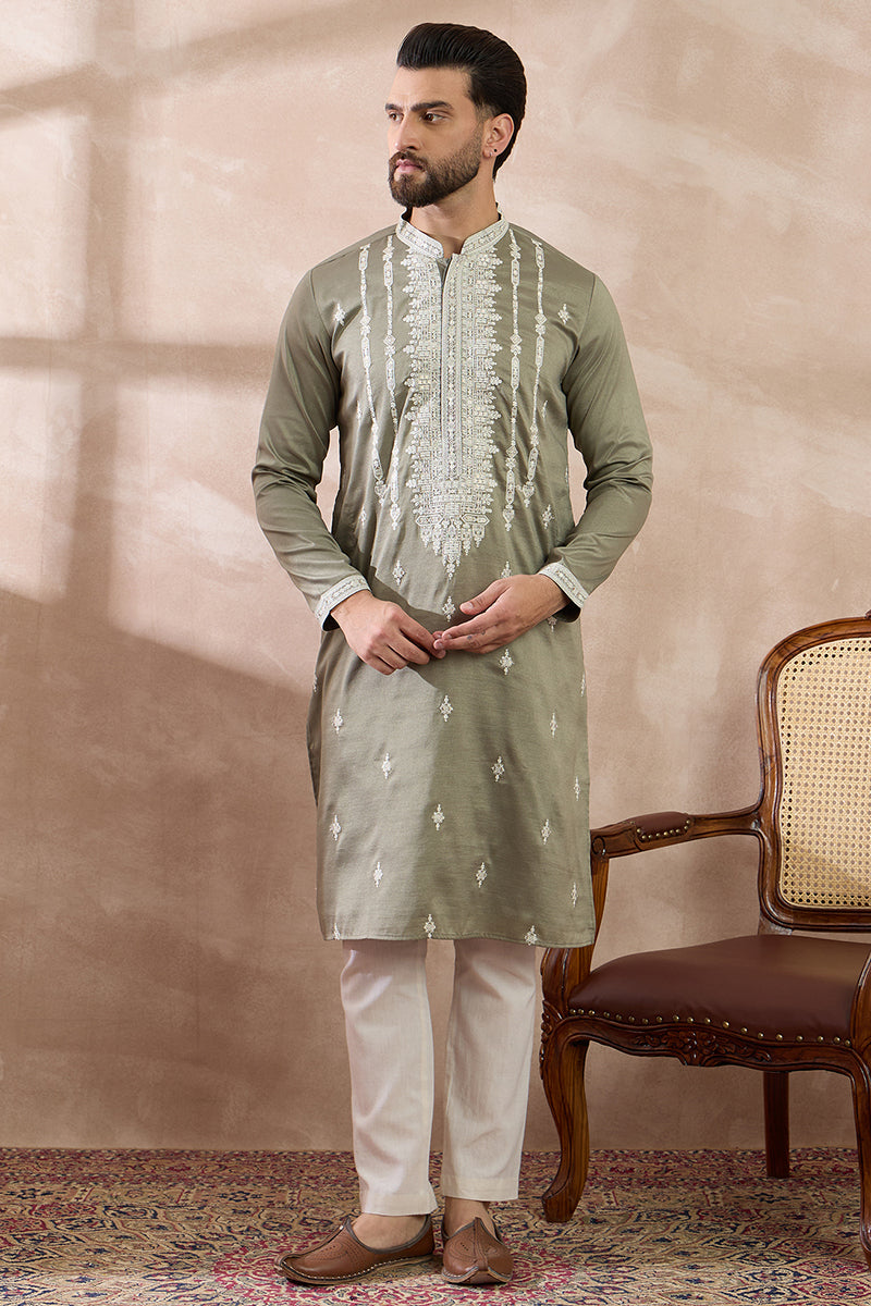 Green Silk Blend Embroidered Indian Wear for Men MKSET1791 | DesiQlo