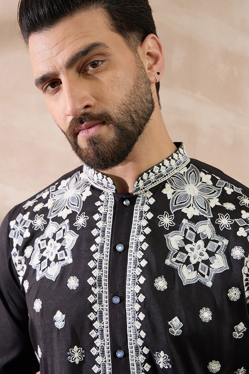 Black Silk Blend Embroidered Mandarin Collar Straight Kurta With Trouser MKSET1884