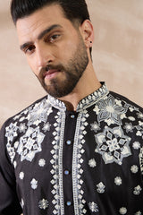 Black Silk Blend Embroidered Mandarin Collar Straight Kurta With Trouser MKSET1884