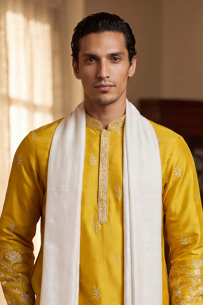 Yellow Chanderi Silk Solid Embroidered Straight Kurta Trouser with Dupatta MKPD1314