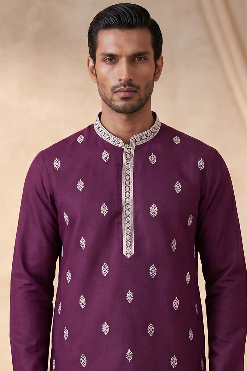 Silk Blend Purple Solid Embroidered Calf Length Straight Kurta With Trousers MKSET2272