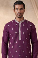 Silk Blend Purple Solid Embroidered Calf Length Straight Kurta With Trousers MKSET2272