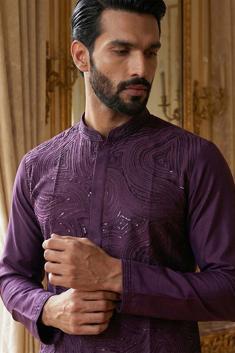 Purple Silk Blend Embroidered Straight Kurta With Trousers MKSET2125