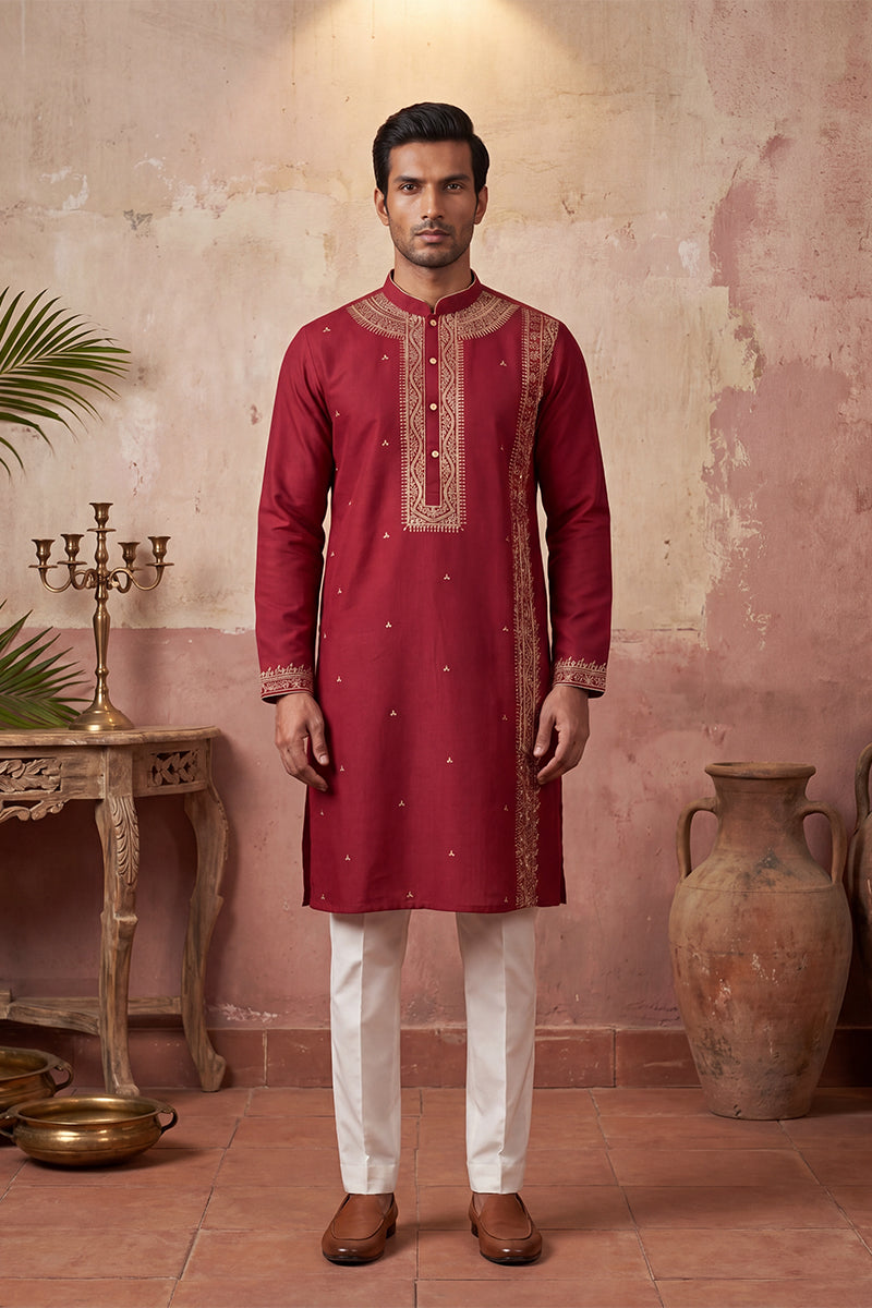Red Silk Blend Solid Emboidered Straight Kurta With Trouser MKSET2314
