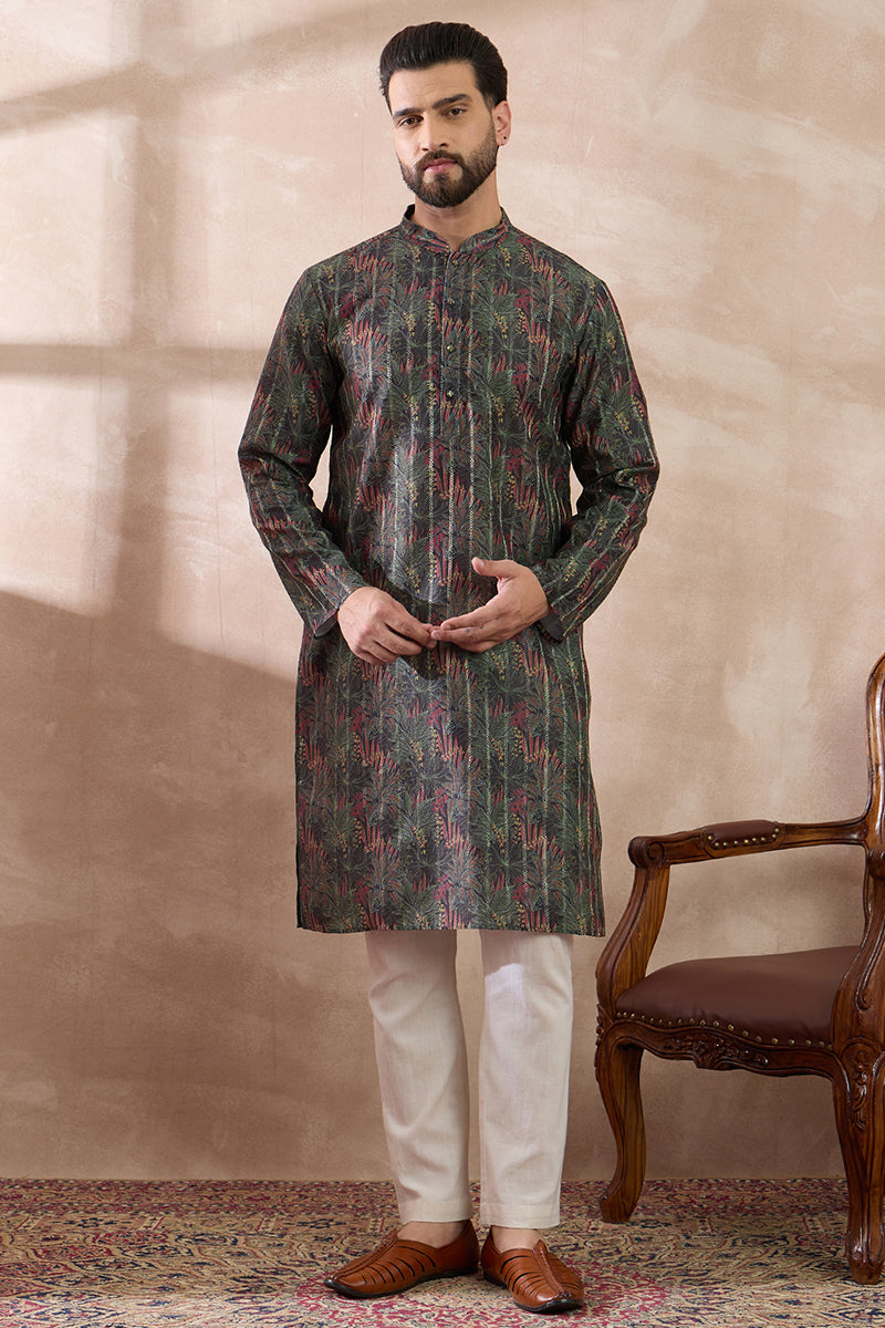 Black Silk Blend Printed Mandarin Collar Straight Kurta With Trouser MKSET2097