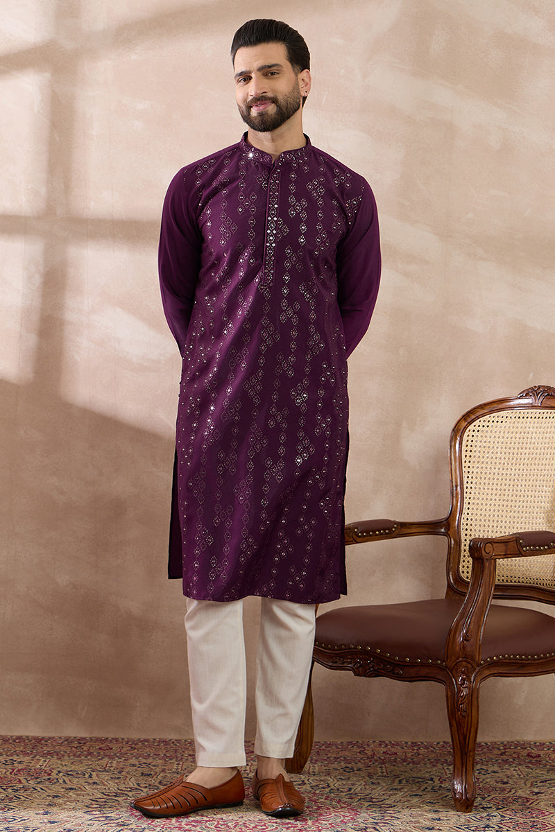 Purple Silk Blend Embroidered Mandarin Collar Straight Kurta With Trouser MKSET2078