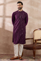 Purple Silk Blend Embroidered Mandarin Collar Straight Kurta With Trouser MKSET2078