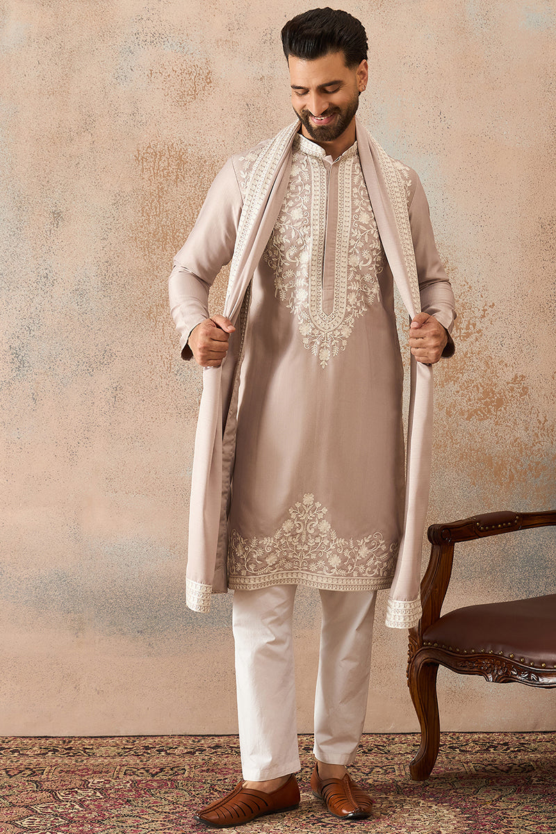 Beige Silk Blend Solid Embroidered Kurta With Dupatta MKUD1042