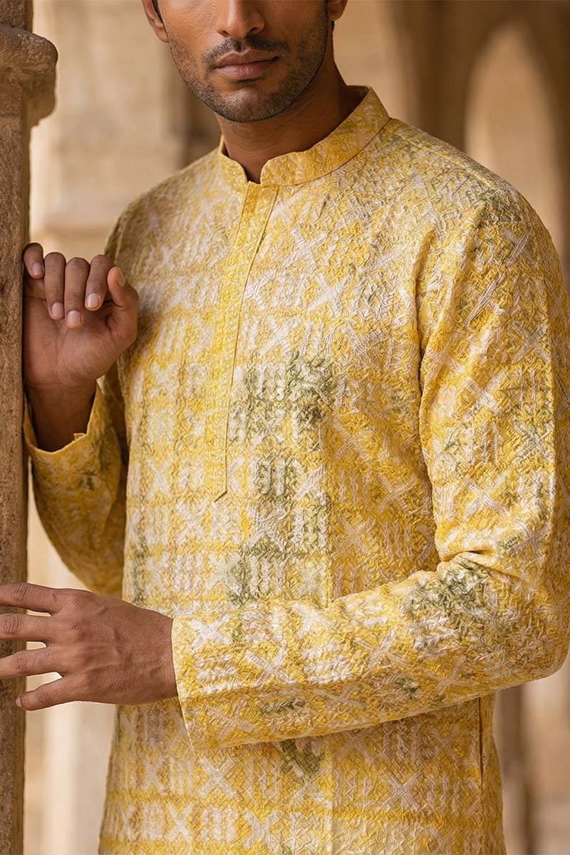 Yellow Viscose Rayon Embroidered Straight Kurta With Trousers MKSET1669